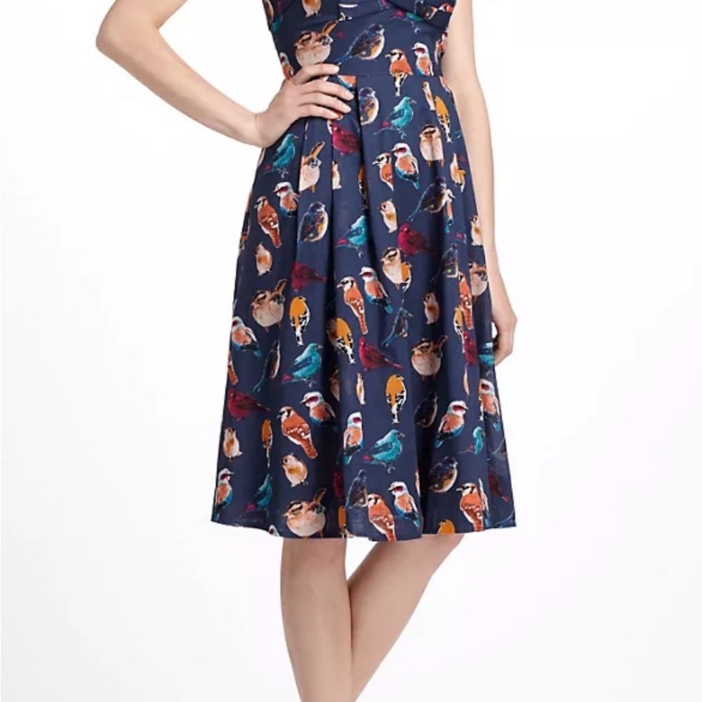 Maeve Strapless Navy Bird-Print Midi Dress - Picture 2 of 7
